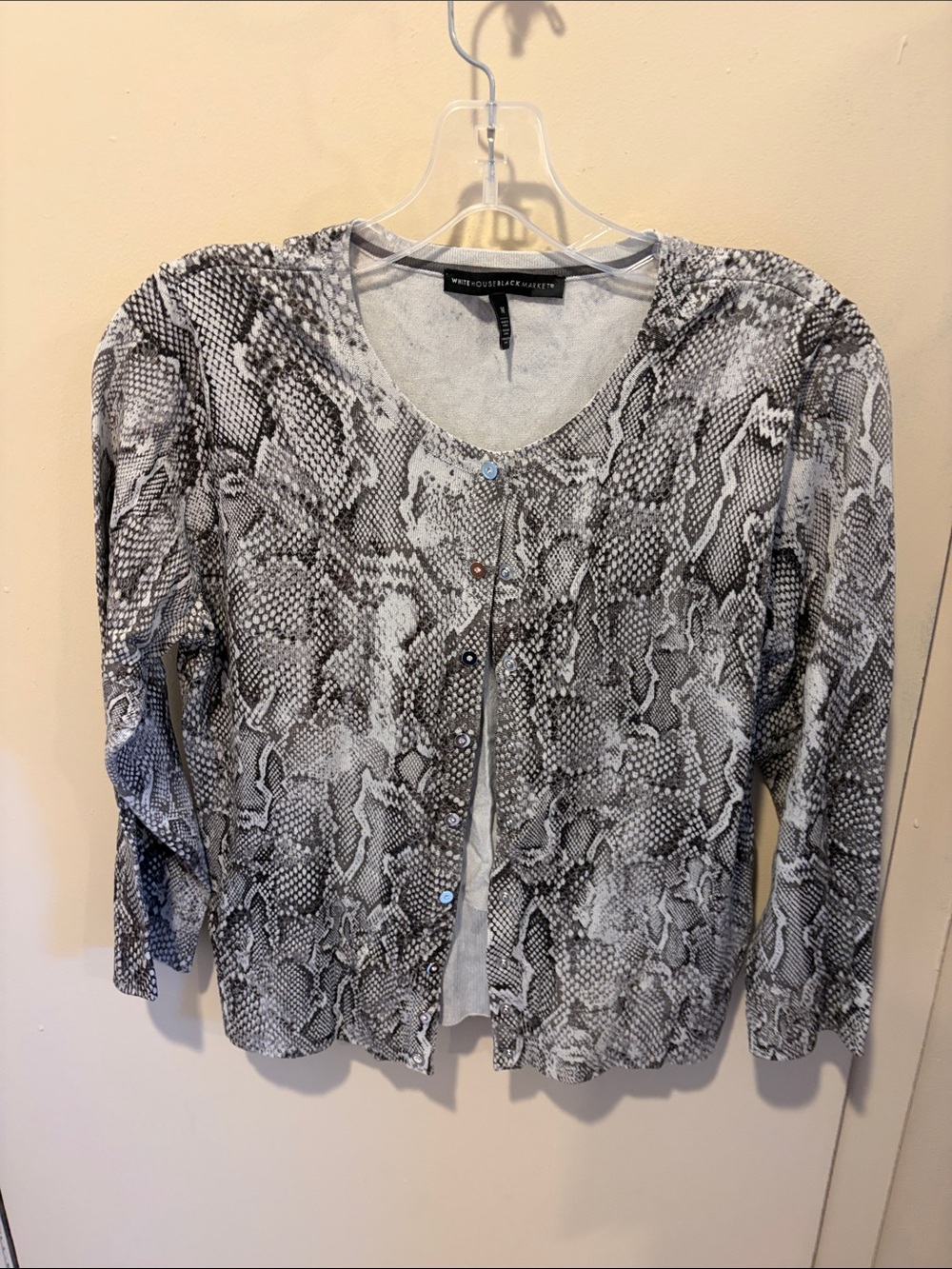 White House Black Market Gray and White Snake Print Button-Front Cardigan